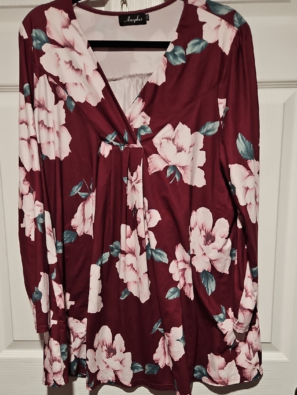 Floral V-Neck Long Sleeve Blouse - Burgundy with Pink Flowers